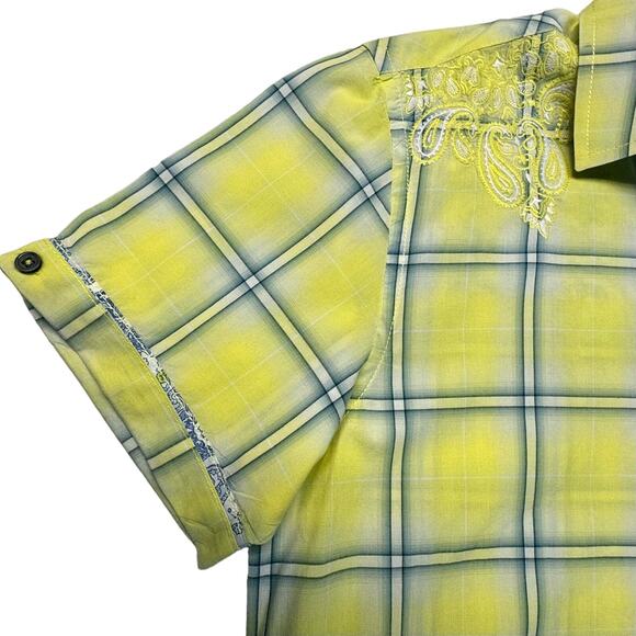 Vintage Red Button Up Casual Embroidered Short Sleeve Shirt Men L Yellow Blue - Picture 5 of 10
